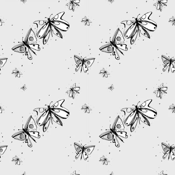 Бесшовный Узор Летающих Бабочек Графическом Стиле Черные Тонкие Контуры — стоковый вектор