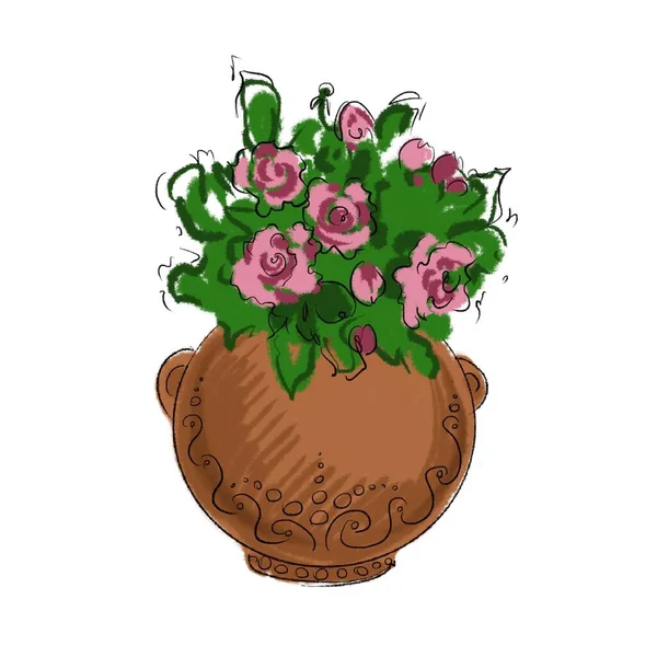 Cute sketch clay pot with blooming rose bush — Stock Photo, Image