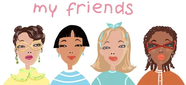 Illustration of cute fashionable girls in childrens style with the inscription my friends — Stock Photo, Image