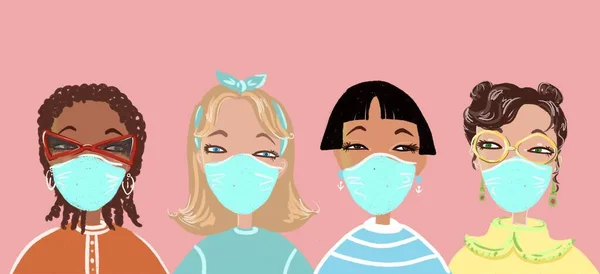 Chicas de diferentes razas en máscaras respiratorias protectoras — Foto de Stock