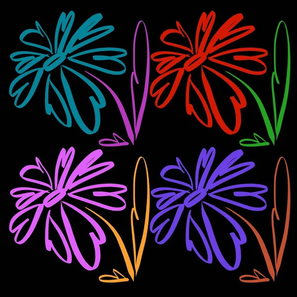 drawings of linear color flowers on a black background