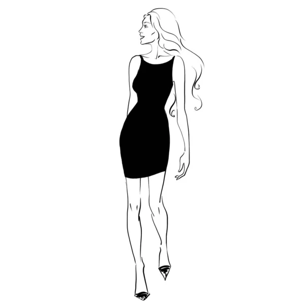 Sorrindo menina andando em um pequeno vestido preto esboço gráfico — Fotografia de Stock