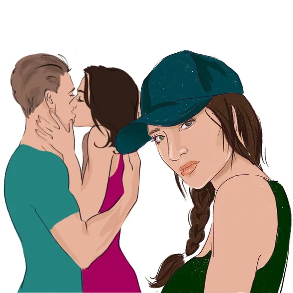 Smutna zdenerwowana dziewczyna na tle pocałunków kochanków Zdjęcia Stockowe bez tantiem