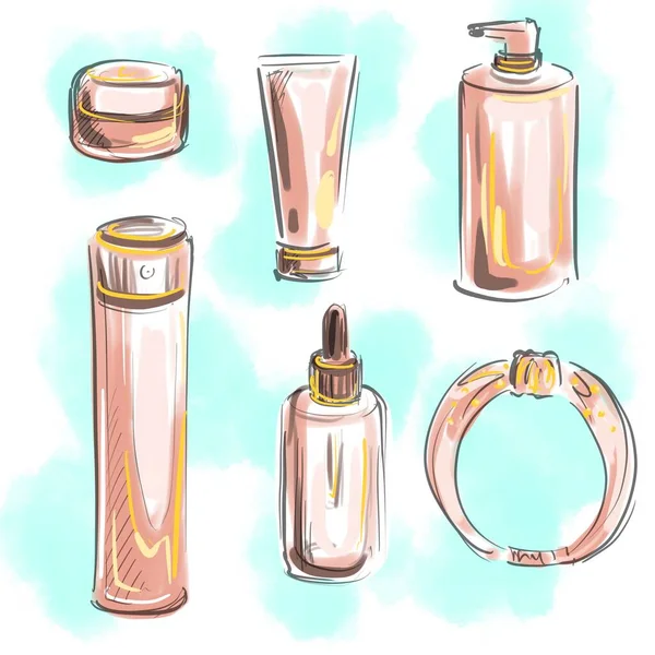 cute sketches of cosmetic products and accessories