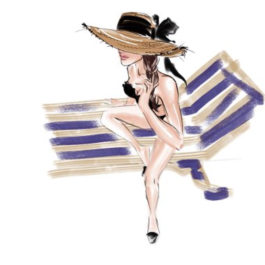 Şapkalı bir kız ve mayo, güneşli bir salonda sanat manzarası.