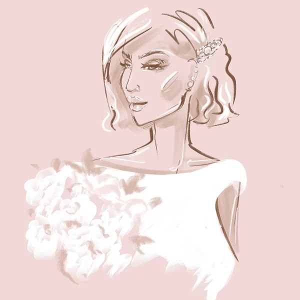 Zeichnung einer schönen Frau in einem weißen Kleid und mit einem Strauß weißer Blumen auf pastellfarbenem Hintergrund — Stockfoto