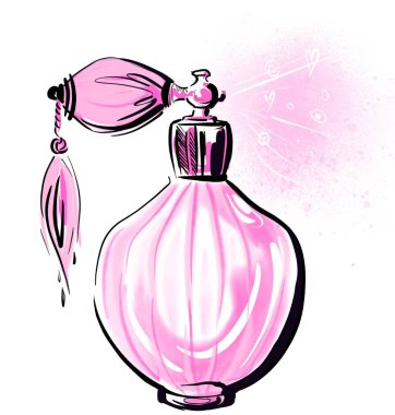 Dekor için pembe renkli parfüm spreyli hoş bir eskiz. 