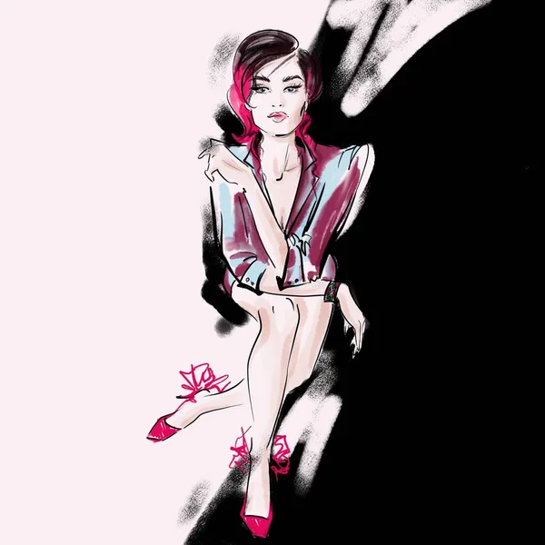 Стильная модная иллюстрация девушки в сидящей позе на черно-белом фоне — стоковое фото