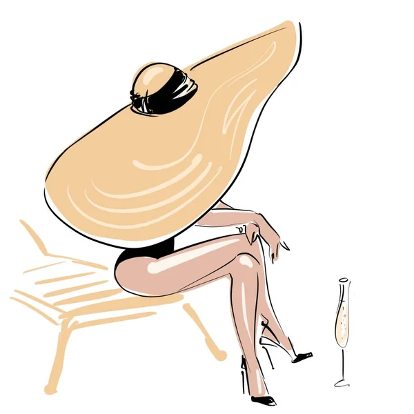 Girl in a swimsuit and a huge hat and a glass of champagne next to — Stock Photo, Image