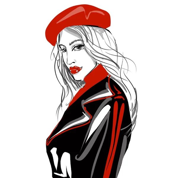Figur skiss porträtt av en flicka svart grafik i en röd basker med röda läppar — Stockfoto
