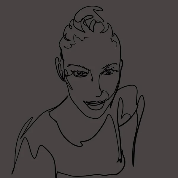 Monoline stylowy portret uśmiechniętej dziewczyny czarna linia na ciemnym tle — Zdjęcie stockowe