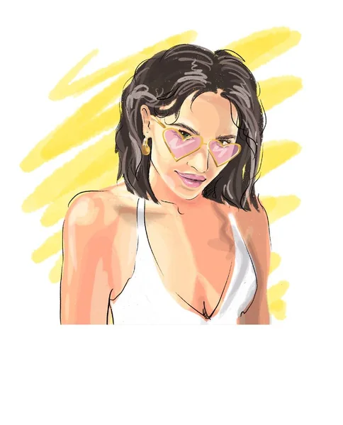 Bella elegante alla moda estate disegno ritratto di una ragazza con una bruna taglio di capelli corto in occhiali rosa — Foto Stock