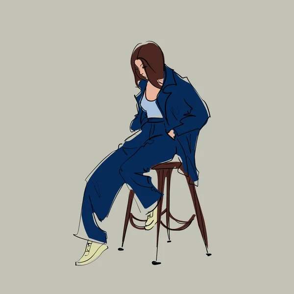 Dessin d'une fille à la mode dans un costume pantalon élégant et des baskets sur un tabouret haut — Photo