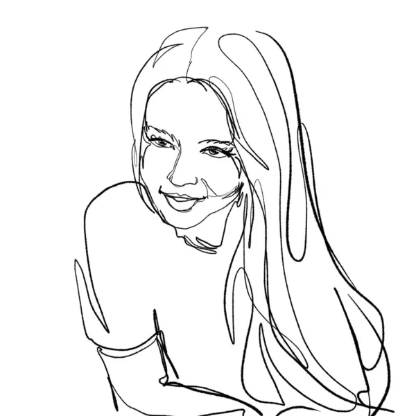 흑백으로 긴 머리를 하고 있는 미소짓는 소녀의 우아 한 스케치 — 스톡 사진