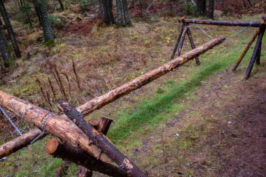 Tahta ve zincirlerle ormanda yapılmış bir kütük üzerinde yürümek için spor malzemesi. Yarışma Engeli Kursu
