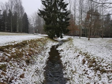 Kışın şehir parkında küçük bir su yolu..