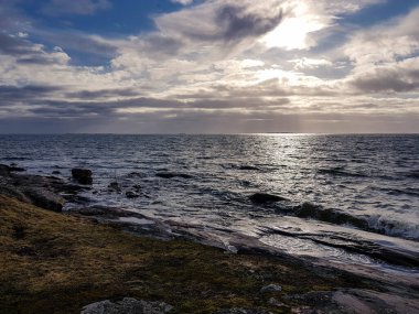 Parçalı bulutlu bir günde deniz kıyısındaki çimenler ve kayalar.