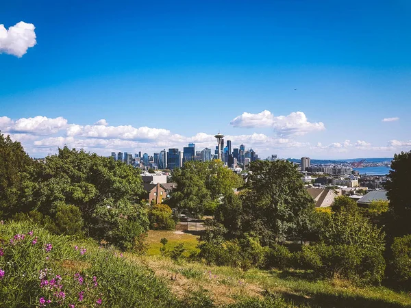 Güneşli bir yaz gününde, Kerry Park 'tan ağaçlar ve çiçeklerle çekilen Seattle silueti.