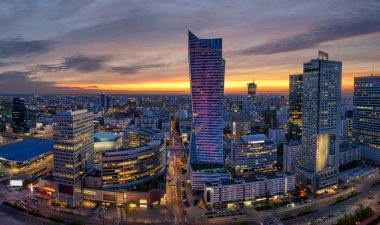 panoramic view of modern sentrum Warsaw during sunset clipart