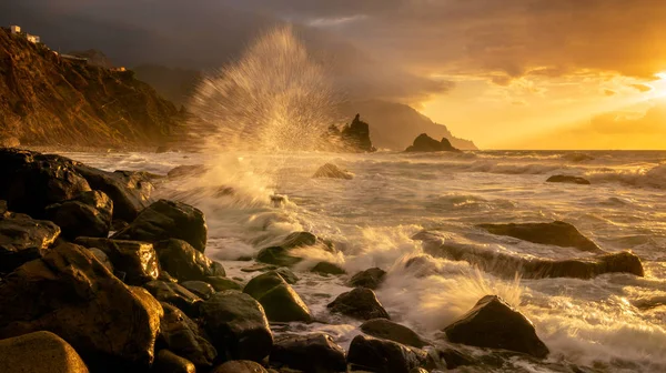 Морський Краєвид Динамічний Захід Сонця Над Океаном Benijo Тенеріфе — стокове фото