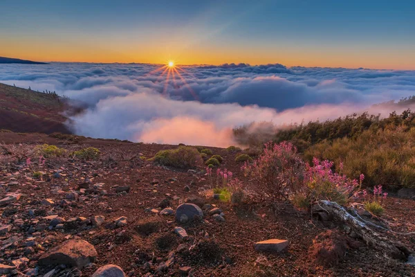雲に夕日の光景 テイデ火山国立公園の夕日 — ストック写真