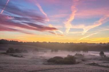 güzel, çok renkli şafak alanları ve çayırlar Panoraması yukarıda. İtalyan Toskana andıran manzara resmi. Sonbahar-Polonya, Drawsko Lake District