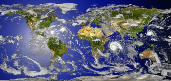 Bulutların Tropikal Kasırgaların Dünya Haritası Görüntünün Elementleri Nasa Tarafından Desteklenmektedir — Stok fotoğraf