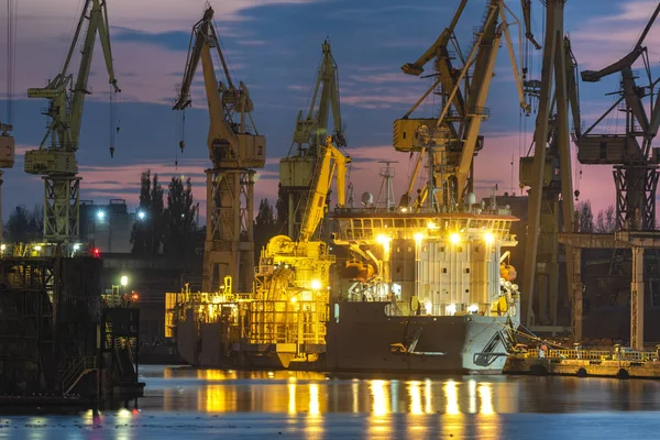 Zonas Industriais Estaleiro Porto Após Pôr Sol Szczecin Polónia — Fotografia de Stock