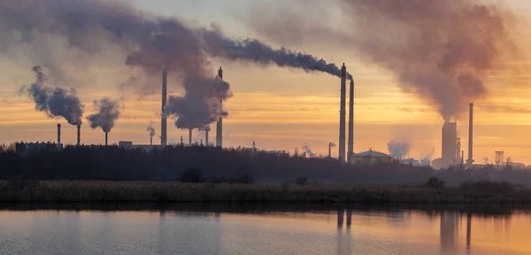 Kouření Chemička Komíny Panorama Polluti Prostředí Air — Stock fotografie