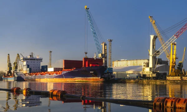 Schiff Seehafen Hafenkräne Beim Entladen Von Containern Selektiver Fokus — Stockfoto