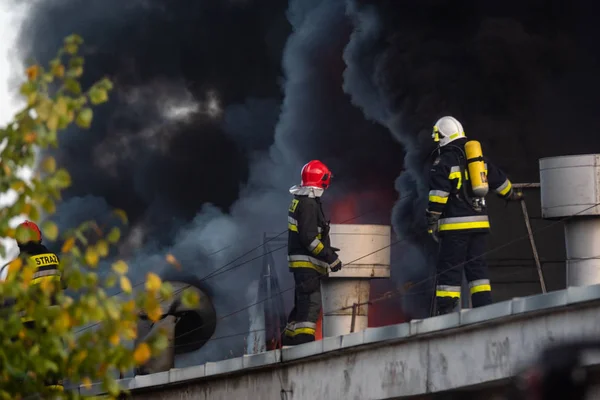 Tűzoltók Tűzoltó Erős Tűz Újrahasznosítás Társaság Lengyelország Szczecin Művelet Során — Stock Fotó