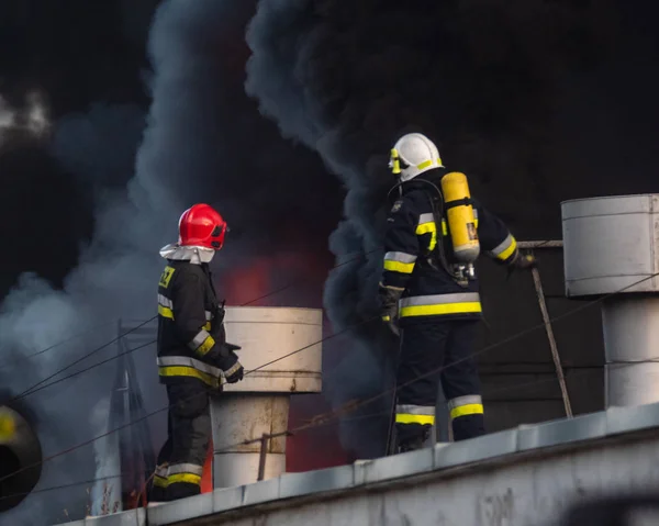 Tűzoltók Tűzoltó Erős Tűz Újrahasznosítás Társaság Lengyelország Szczecin Művelet Során — Stock Fotó