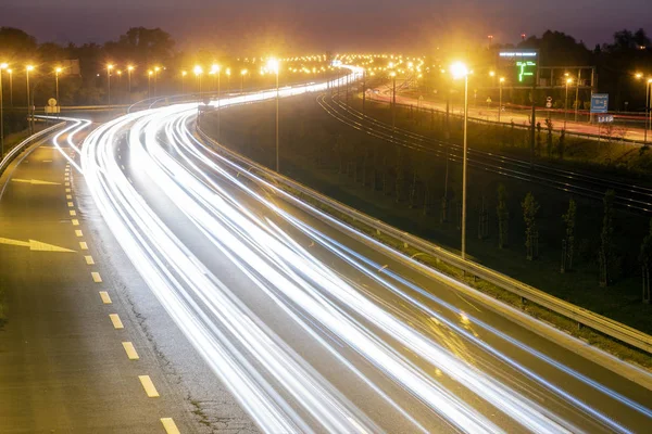 Light Trails Motorway Highway Night Long Exposure — Stock Photo, Image