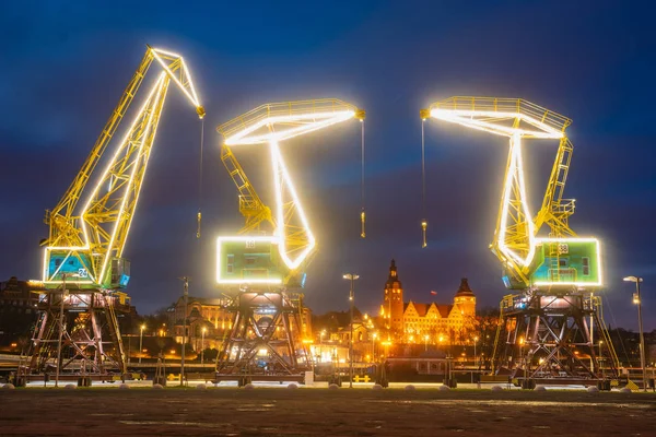 Szczecin Polen December 2018 Verlichte Oude Haven Kranen Boulevard Bij — Stockfoto