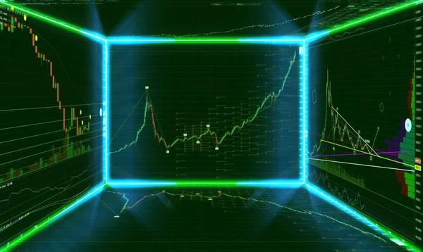 基于数字信息屏幕的股票市场投资交易蜡烛棒图 — 图库照片