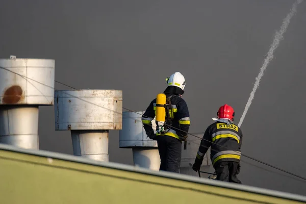 Firefighters Action Extinguishing Powerful Fire Recycling Company Poland Szczecin — Stock Photo, Image