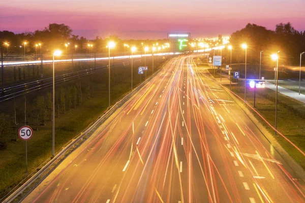 Light Trails Motorway Highway Night Long Exposure — Stock Photo, Image