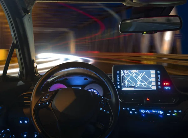 Концепція Кабіни Автономного Автомобіля Їде Вночі Освітлена Тунелем — стокове фото