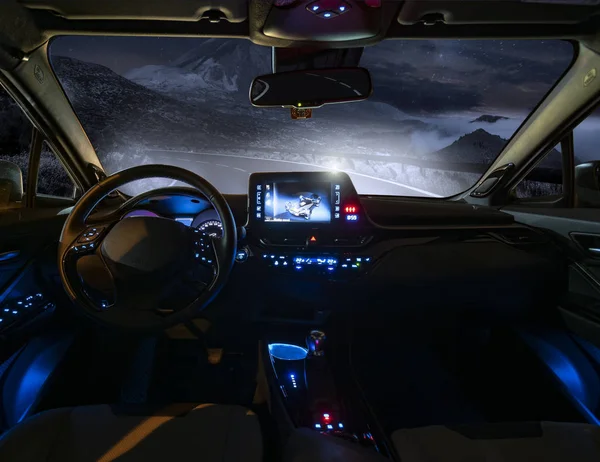 Concept Cockpit Autonomous Car Driving Night — Stock Photo, Image
