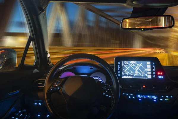 Conceito Cockpit Carro Autônomo Dirigindo Noite Iluminado Por Túnel — Fotografia de Stock