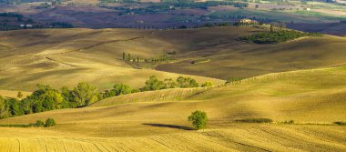 Tuscan doğal görünümünü manzara güneş doğarken, Pienza, İtalya