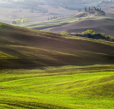 Tuscan doğal görünümünü manzara güneş doğarken, Pienza, İtalya