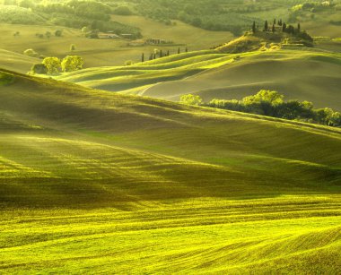 Tuscan doğal görünümünü manzara güneş doğarken, Pienza, İtalya
