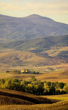 Tuscan doğal görünümünü manzara güneş doğarken, Pienza, İtalya