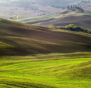 Tuscan doğal görünümünü manzara güneş doğarken, Pienza, İtalya