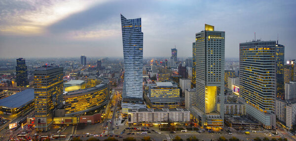 View of Warsaw city with skyscrapers at night, Poland
