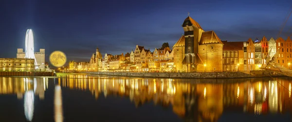 Volle Maan Gdansk Panorama Nachts — Stockfoto