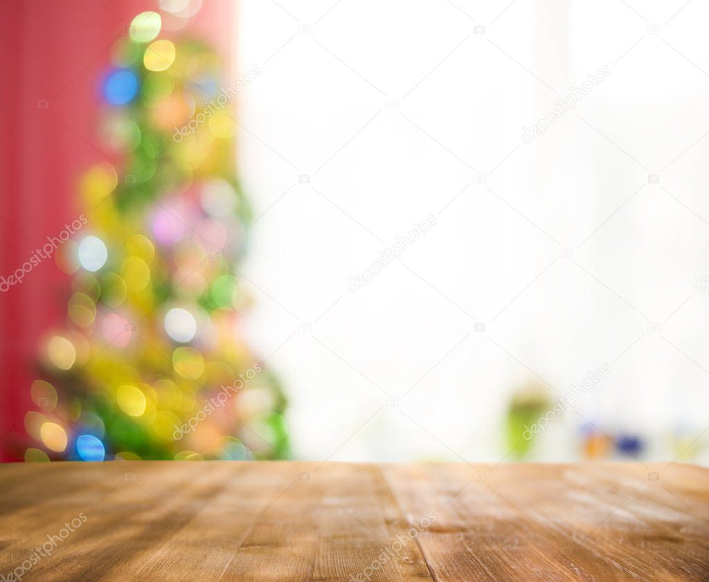 Christmas holiday background with empty wooden table