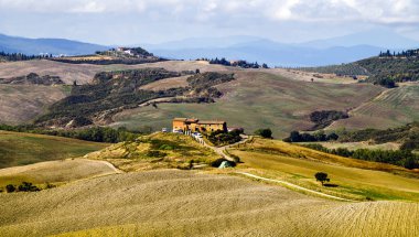 Tuscan doğal görünümünü manzara güneş doğarken, Pienza, İtalya