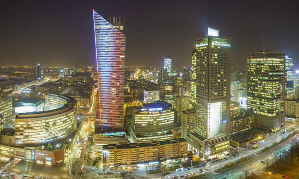 View of Warsaw city with skyscrapers at night, Poland